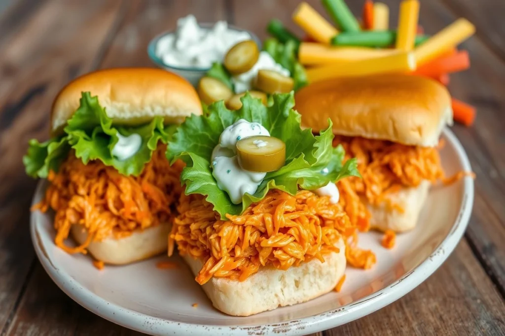 Close-up of buffalo chicken sliders with shredded chicken, buffalo sauce, and toppings served on soft slider buns.