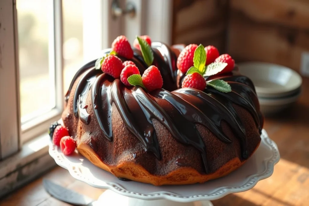 Bundt cake with chocolate glaze and fresh berries on a rustic table