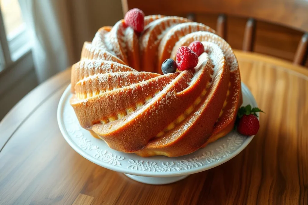 Bundt cake with chocolate glaze and fresh berries on a rustic table

