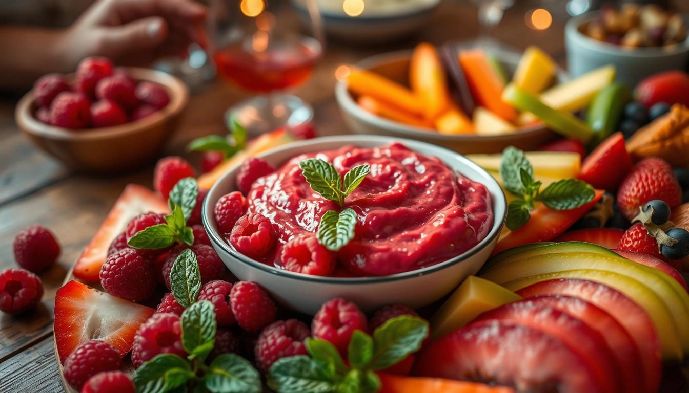 A bowl of creamy raspberry dip with fresh raspberries and crackers on the side.

