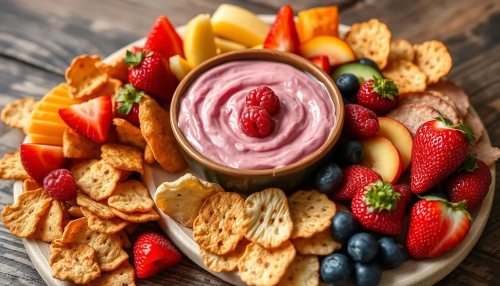 A bowl of creamy raspberry dip with fresh raspberries and crackers on the side.