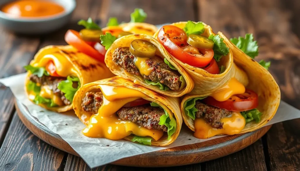 Grilled cheeseburger wrap with juicy beef, melted cheese, lettuce, and tomato wrapped in a golden tortilla

