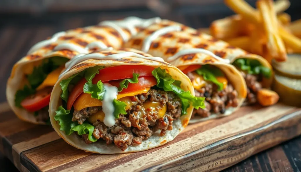 Grilled cheeseburger wrap with juicy beef, melted cheese, lettuce, and tomato wrapped in a golden tortilla

