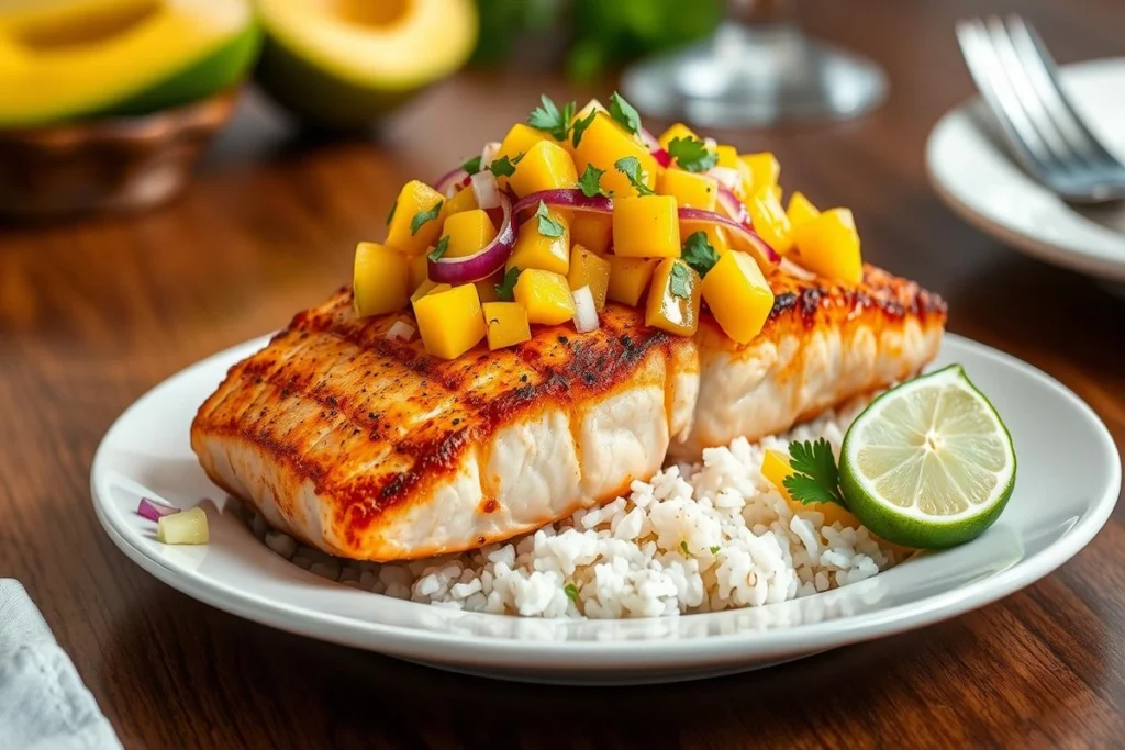 Grilled Salmon with Mango Salsa & Coconut Rice