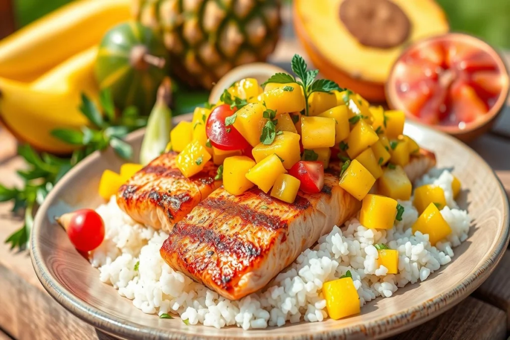 Grilled Salmon with Mango Salsa & Coconut Rice