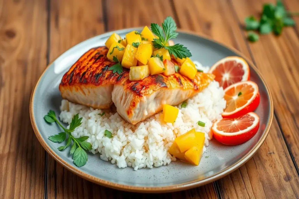 Grilled Salmon with Mango Salsa & Coconut Rice