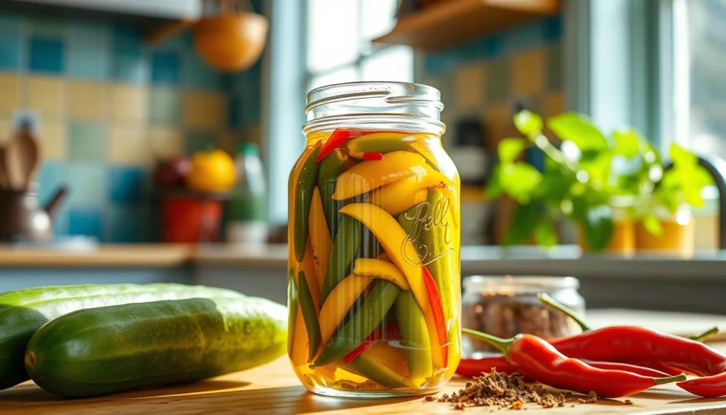 Jar of homemade refrigerator sweet and spicy pickles with cucumbers and spices.