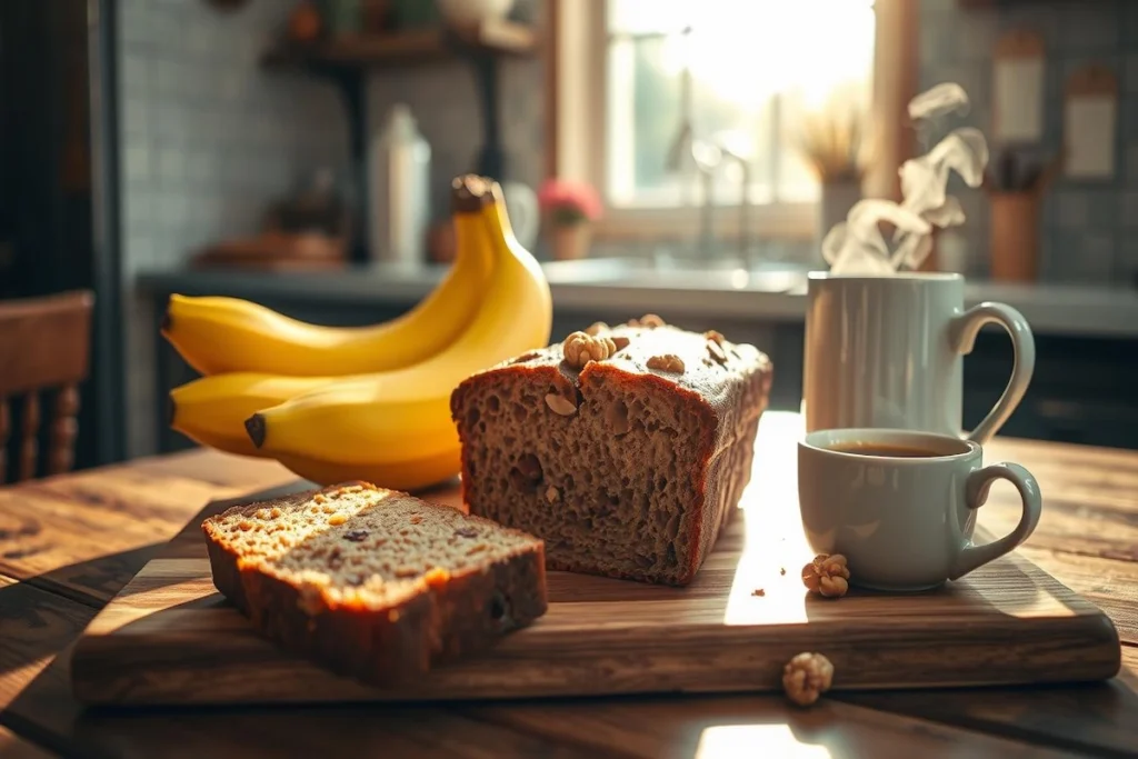 Freshly baked Starbucks banana bread with bananas and walnuts.