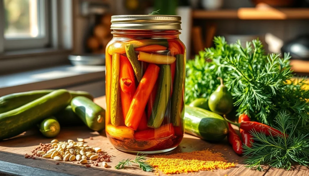 Jar of homemade refrigerator sweet and spicy pickles with cucumbers and spices.

