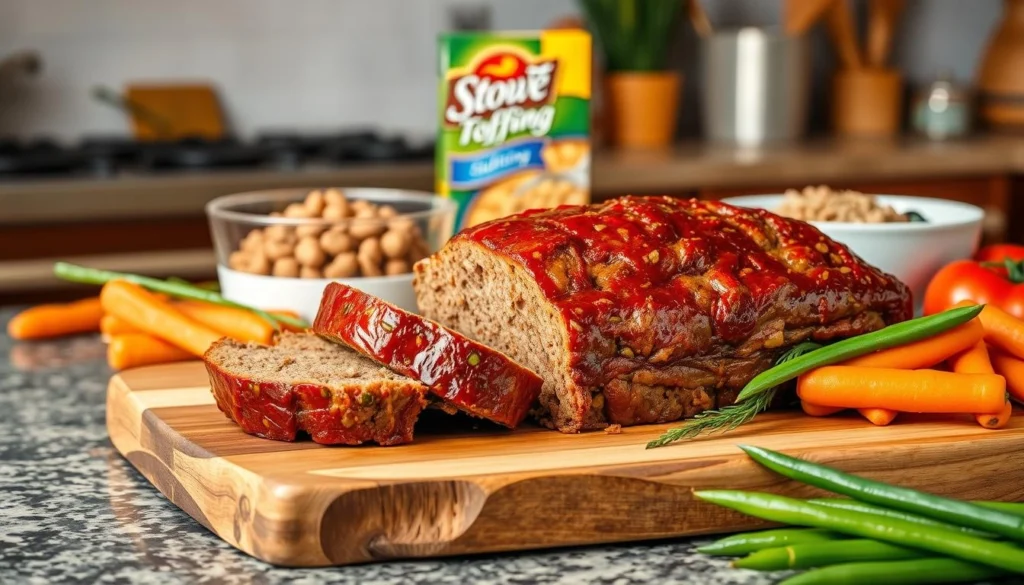 Stove top meatloaf served in a skillet with vegetables.