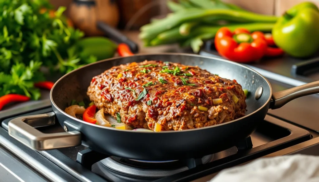 Stove top meatloaf served in a skillet with vegetables.

