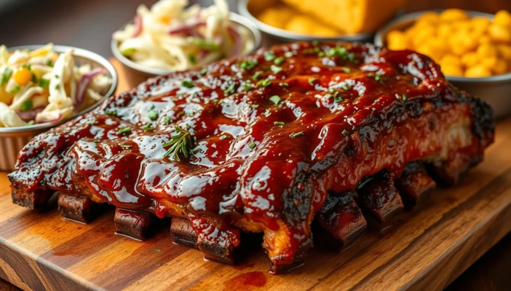 Air fryer country style ribs served on a plate with barbecue sauce

