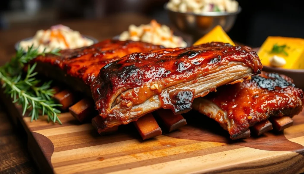 Air fryer country style ribs served on a plate with barbecue sauce

