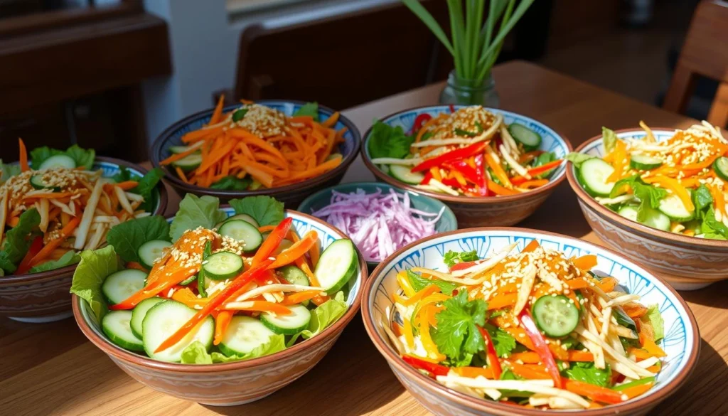 A colorful Asian salad with fresh vegetables, sesame seeds, and a soy-ginger dressing.