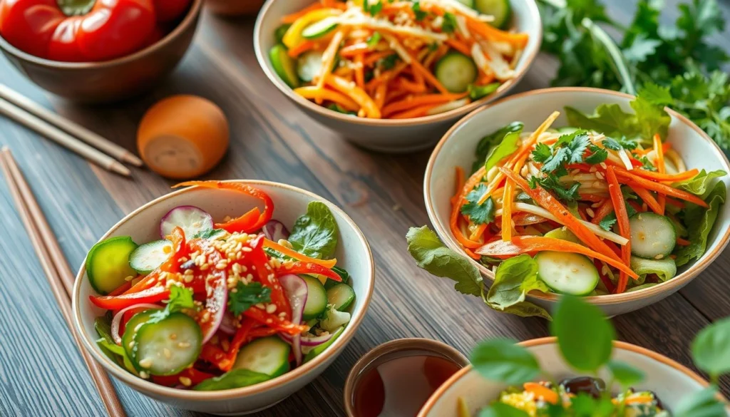 A colorful Asian salad with fresh vegetables, sesame seeds, and a soy-ginger dressing.