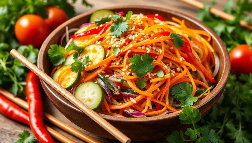 A colorful Asian salad with fresh vegetables, sesame seeds, and a soy-ginger dressing.