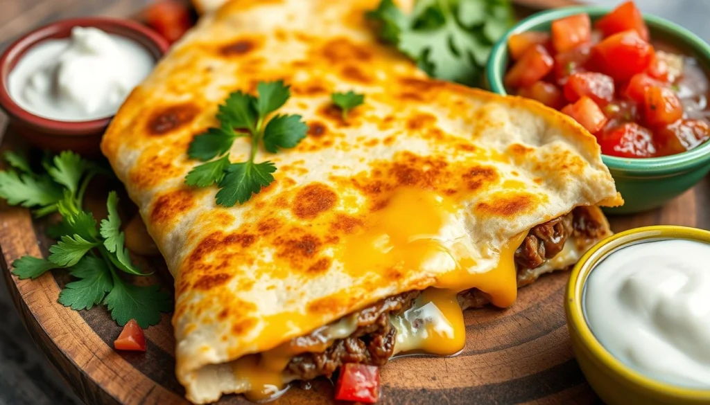 Delicious beef quesadilla with melted cheese and crispy tortilla