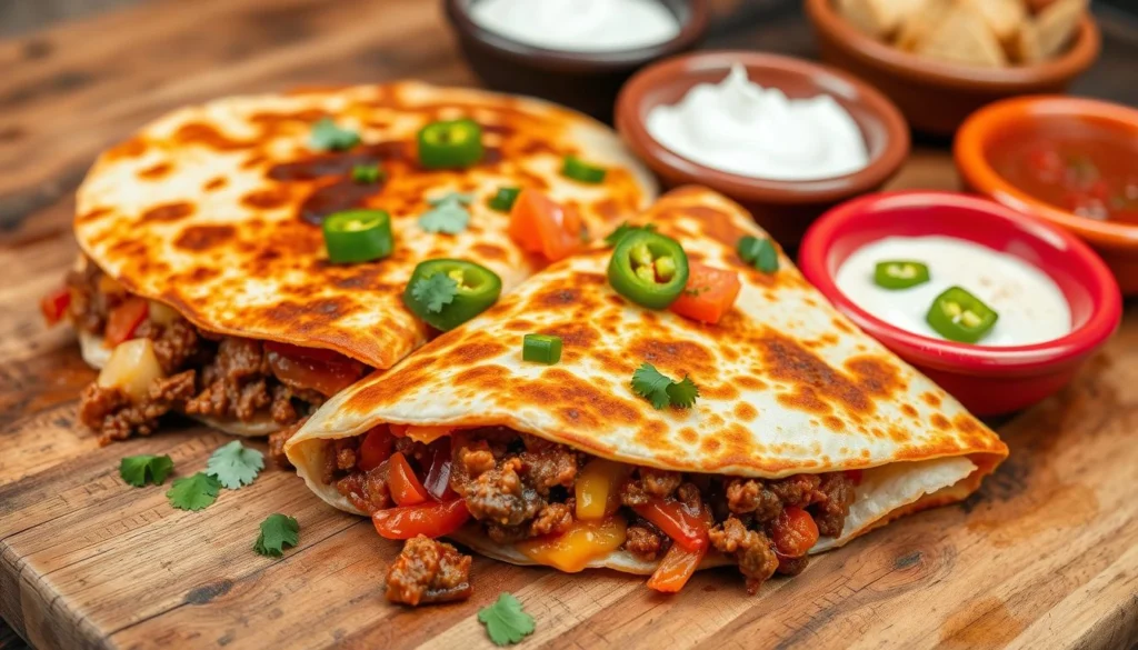 Delicious beef quesadilla with melted cheese and crispy tortilla