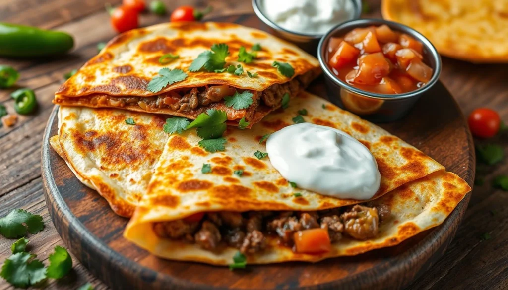 Delicious beef quesadilla with melted cheese and crispy tortilla