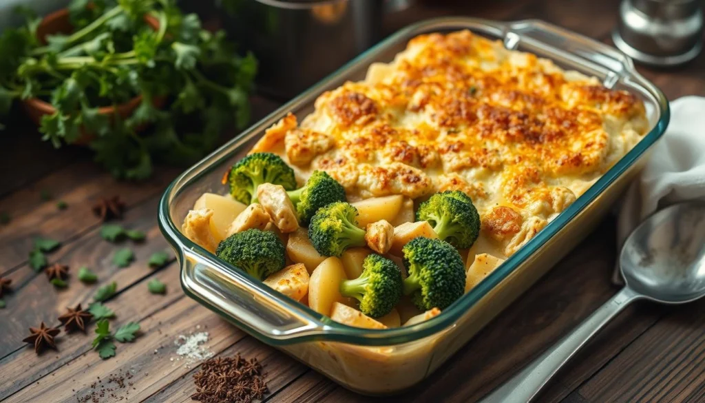 Broccoli potato chicken casserole with melted cheese in a baking dish.
