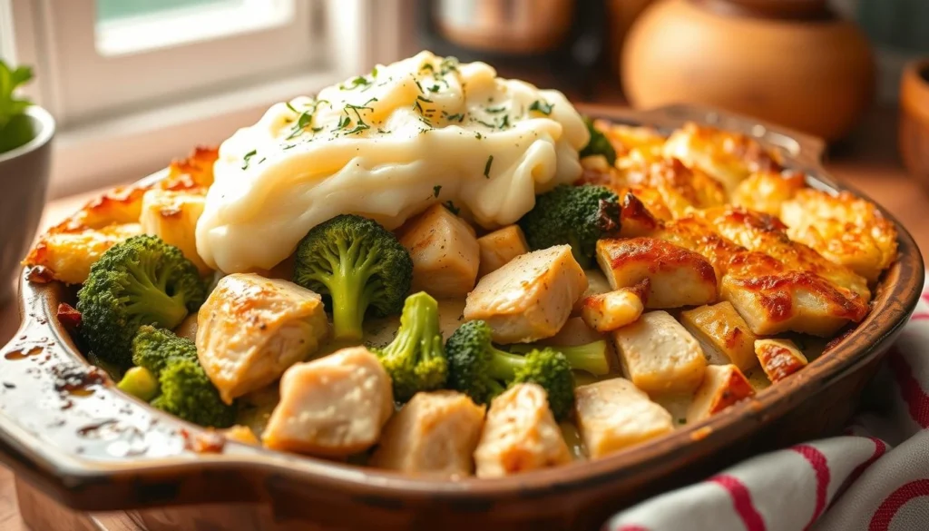 Broccoli potato chicken casserole with melted cheese in a baking dish.

