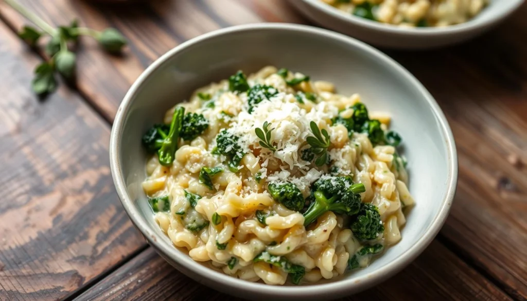 Creamy broccoli rabe risotto in a bowl with grated Parmesan on top.