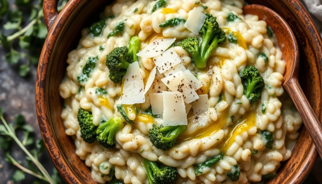 Creamy broccoli rabe risotto in a bowl with grated Parmesan on top.