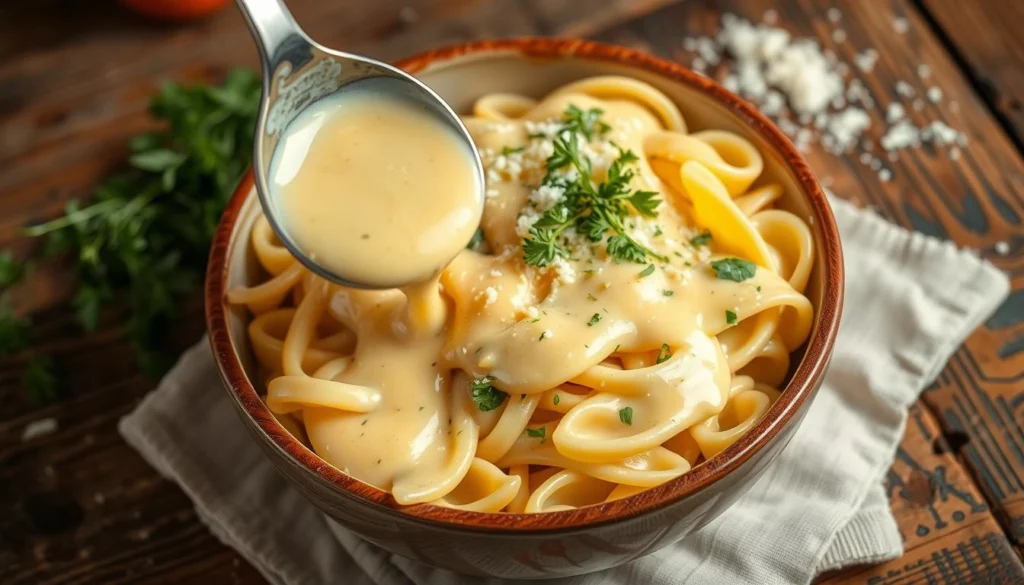 A bowl of creamy cheese sauce poured over freshly cooked pasta, topped with herbs.