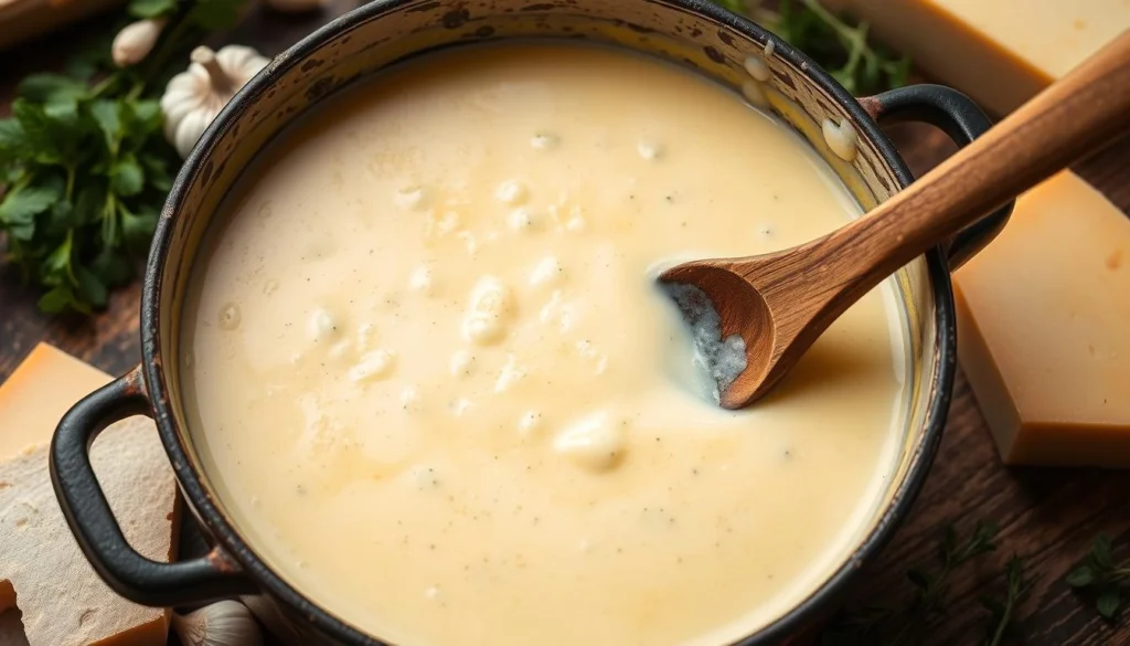 A bowl of creamy cheese sauce poured over freshly cooked pasta, topped with herbs.