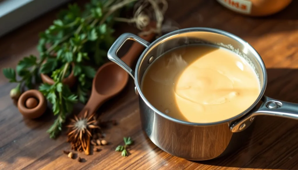 A bowl of creamy cheese sauce poured over freshly cooked pasta, topped with herbs.