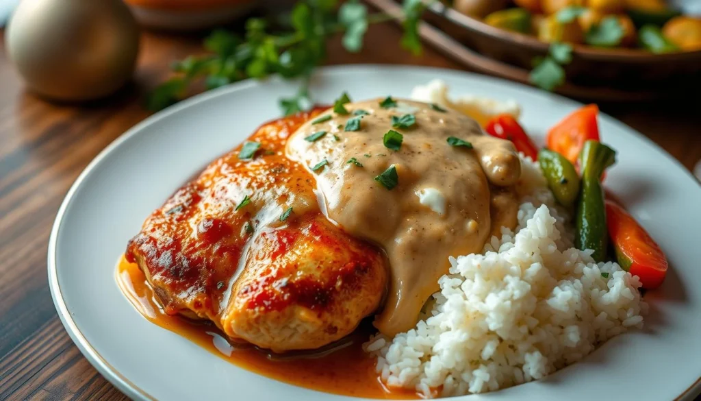 Chicken Teresa in tomato sauce with herbs and spices, served over pasta