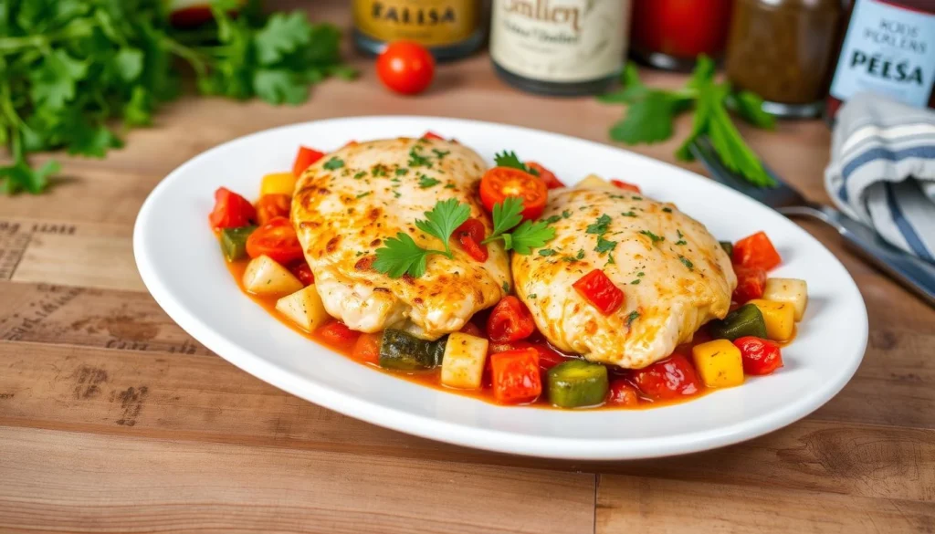 Chicken Teresa in tomato sauce with herbs and spices, served over pasta