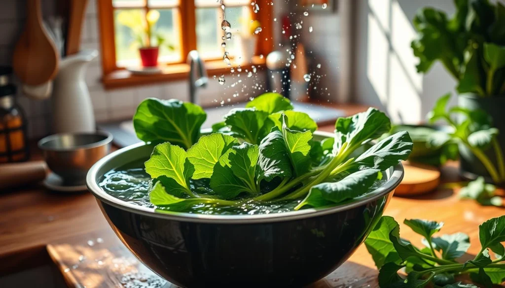 Collard greens being washed in a large bowl of water