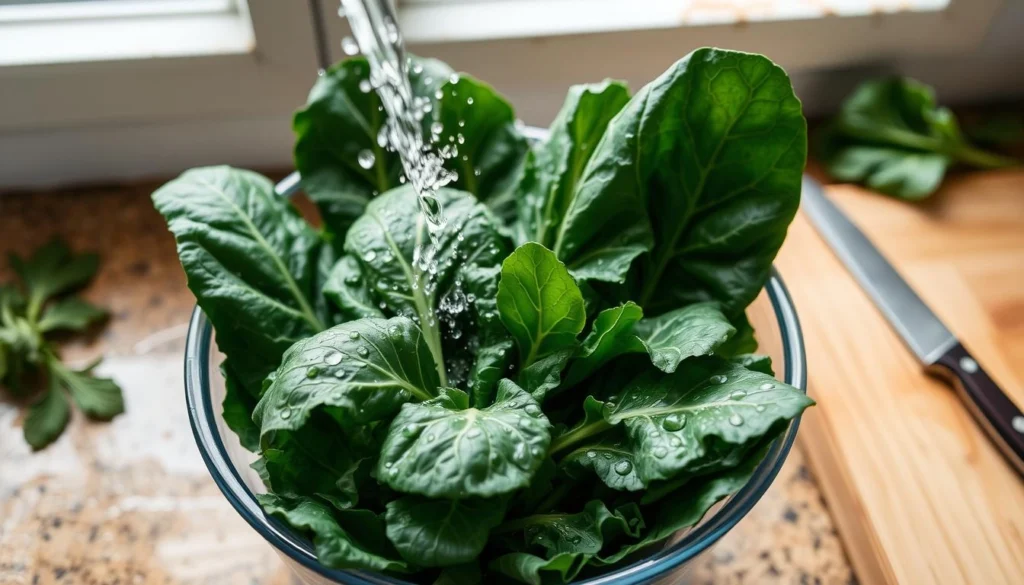 Collard greens being washed in a large bowl of water