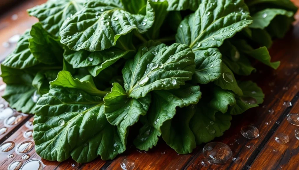 Collard greens being washed in a large bowl of water

