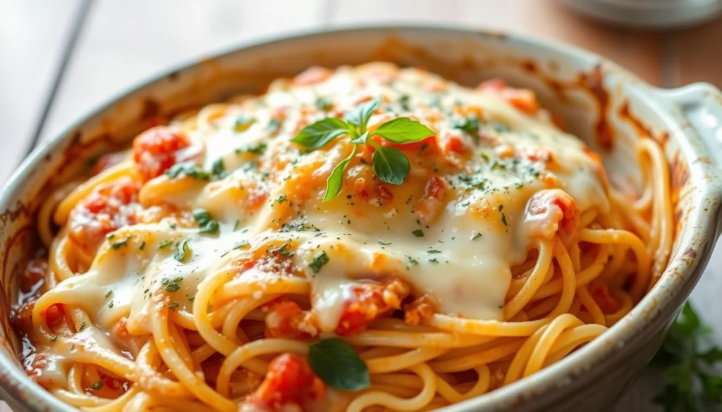 Cream cheese baked spaghetti topped with melted mozzarella cheese in a casserole dish