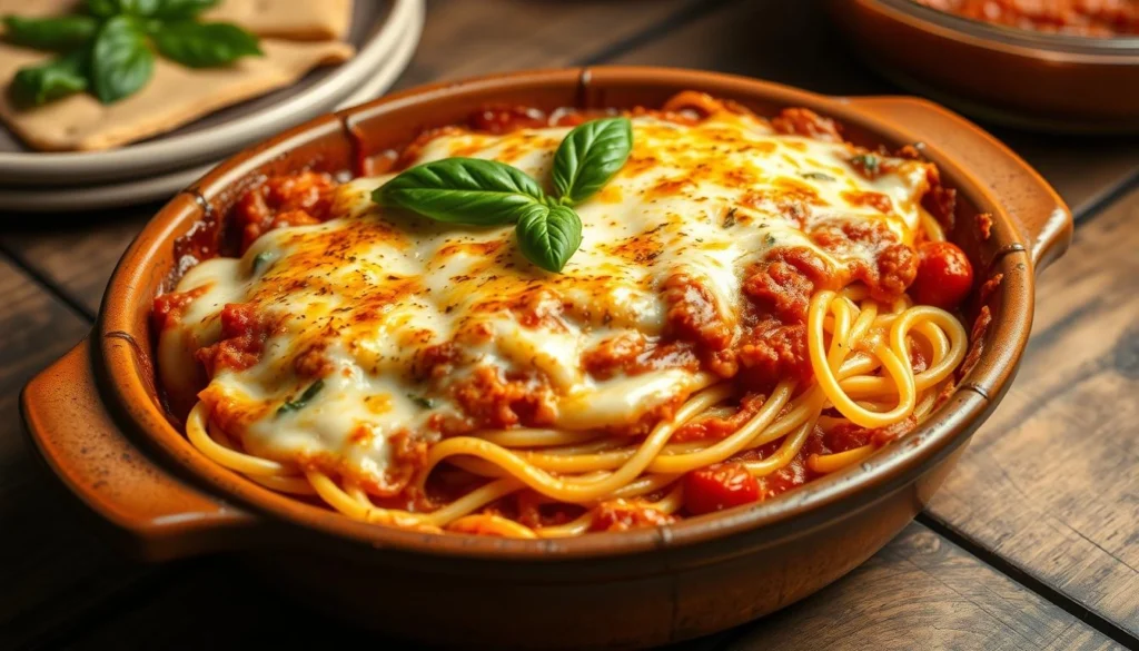 Cream cheese baked spaghetti topped with melted mozzarella cheese in a casserole dish