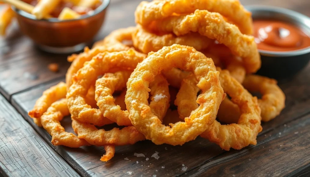 Crispy golden onion rings with a light batter and crunchy texture