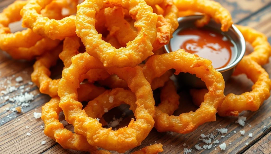 Crispy golden onion rings with a light batter and crunchy texture