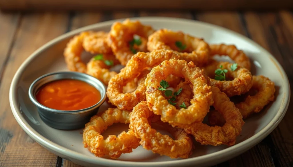 Crispy golden onion rings with a light batter and crunchy texture