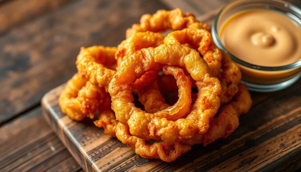 Crispy golden onion rings with a light batter and crunchy texture