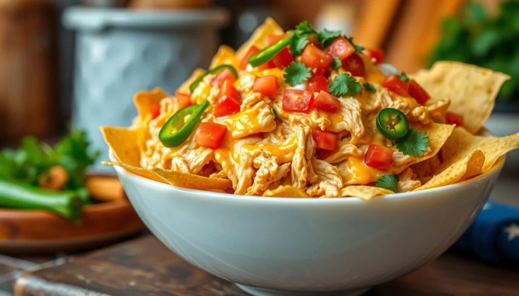 Crockpot creamy chicken nachos with melted cheese and fresh toppings served on tortilla chips.