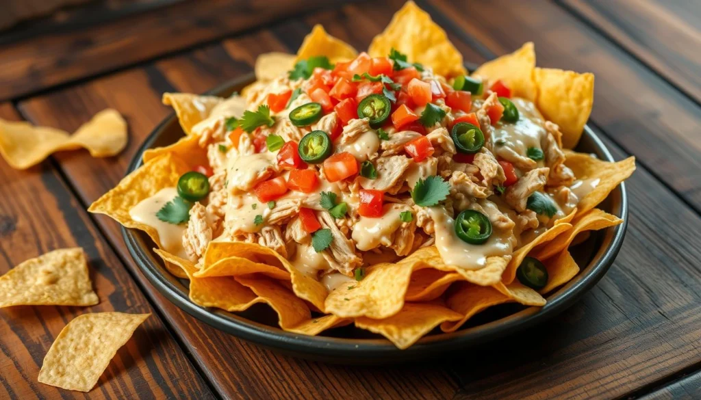 Crockpot creamy chicken nachos with melted cheese and fresh toppings served on tortilla chips.

