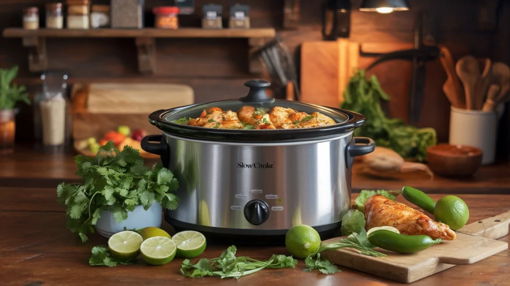 Crockpot green chili chicken served in a bowl with garnishes