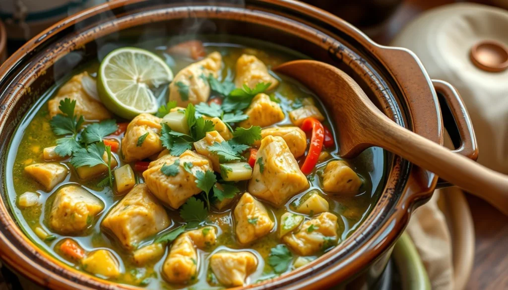 
Crockpot green chili chicken served in a bowl with garnishes

