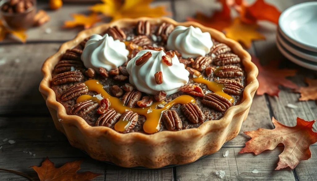 Beautifully decorated pecan pie with candied pecans and caramel drizzle