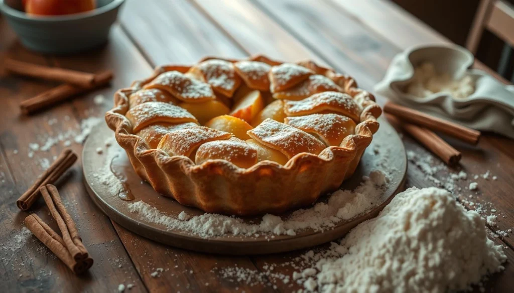 A variety of desserts starting with A, including apple pie, almond cookies, and apricot tart on a rustic table