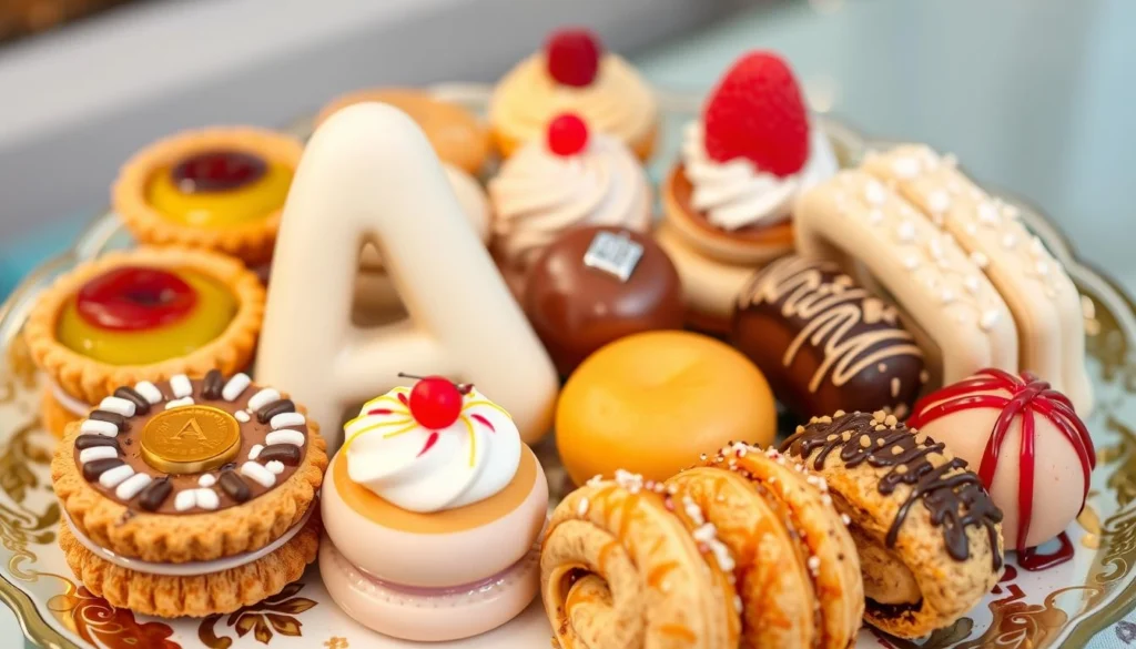 A variety of desserts starting with A, including apple pie, almond cookies, and apricot tart on a rustic table