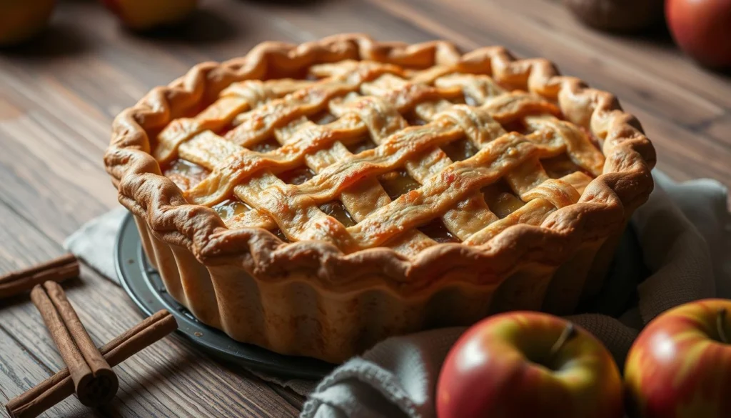 A variety of desserts starting with A, including apple pie, almond cookies, and apricot tart on a rustic table