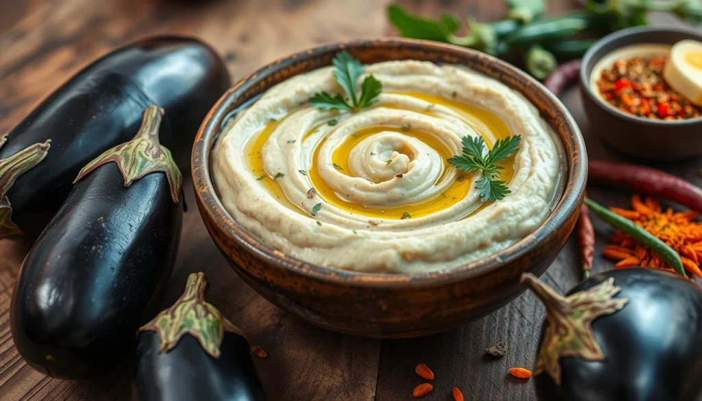 Creamy eggplant puree garnished with herbs and served in a bowl.